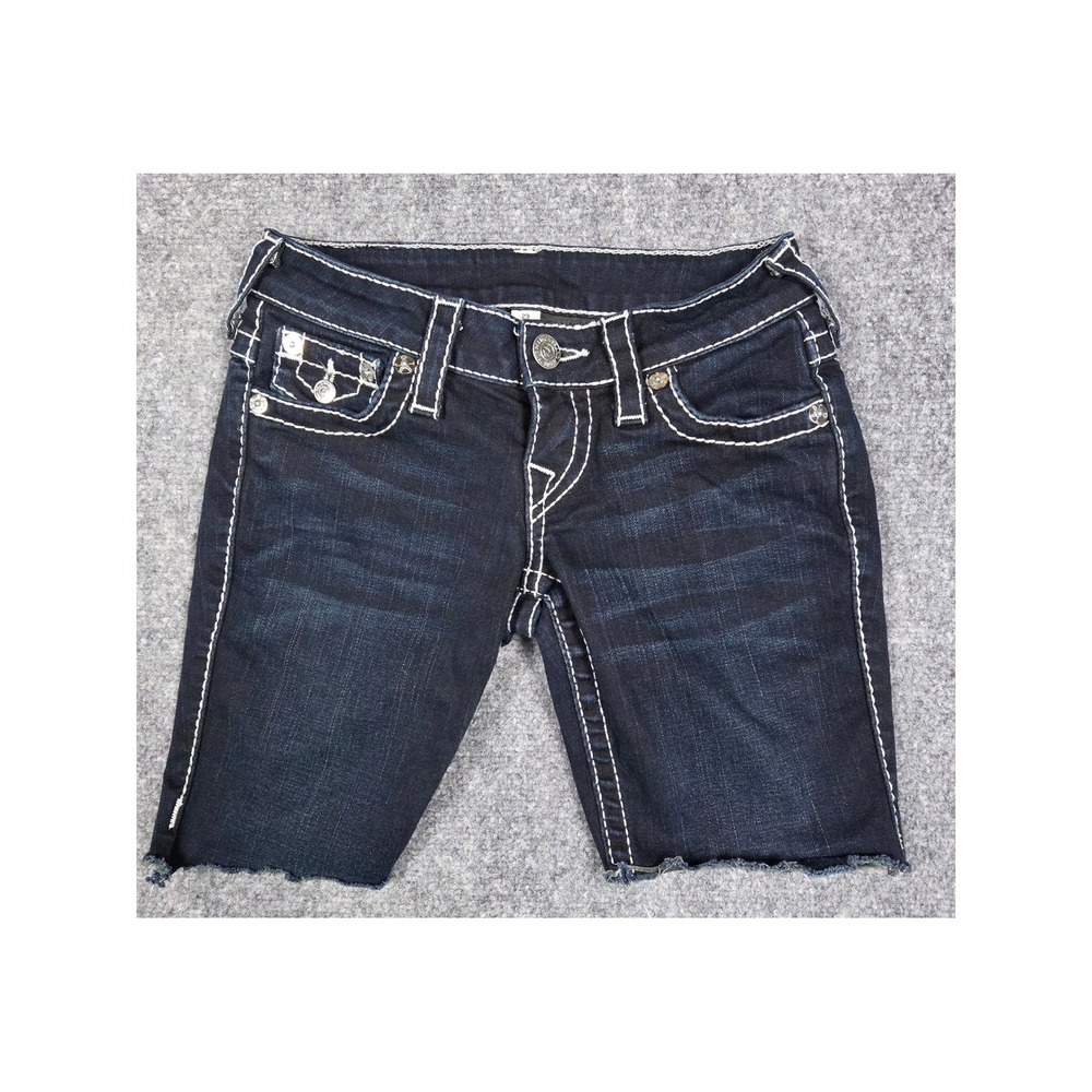 True Religion Denim Shorts Womens 23 Blue Skinny Cut Off Super T Stitch Indigo